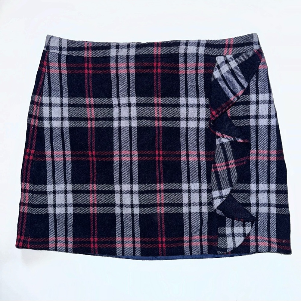 J Crew Mercantile Navy Plaid Skirt 14 Blue Pink Wool Blend Mini With Ruffle
